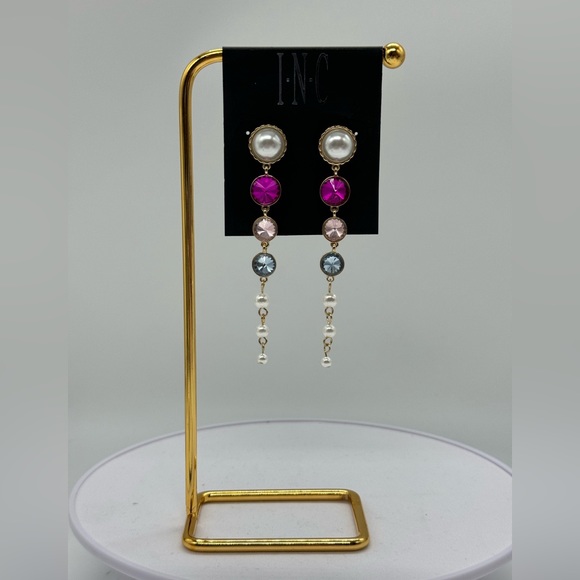 INC Drop Crystal and Faux Pearl Dangling Earrings in Gold Tone 3.5in - Picture 6 of 9